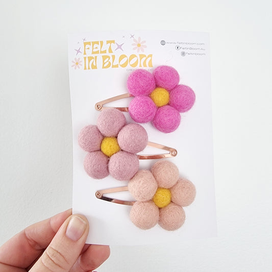 Felt Ball Blossoms Hair Clip Trio